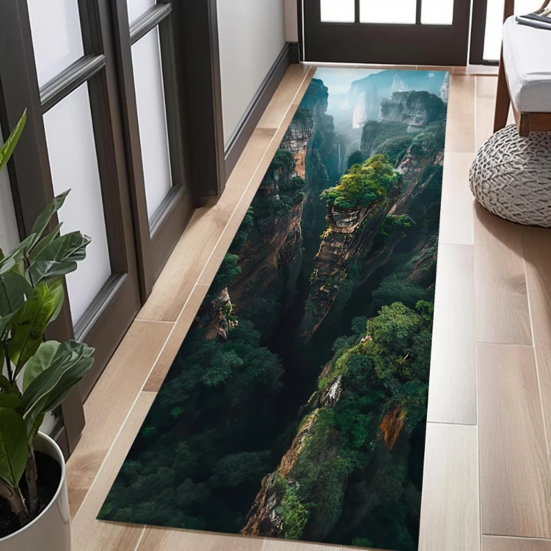 Mountain Waterfall Green Valley Landscape print Runner Rug,Corridor,Kitchen,Terrace,Washable Runner Rug,Unique Decor Gift