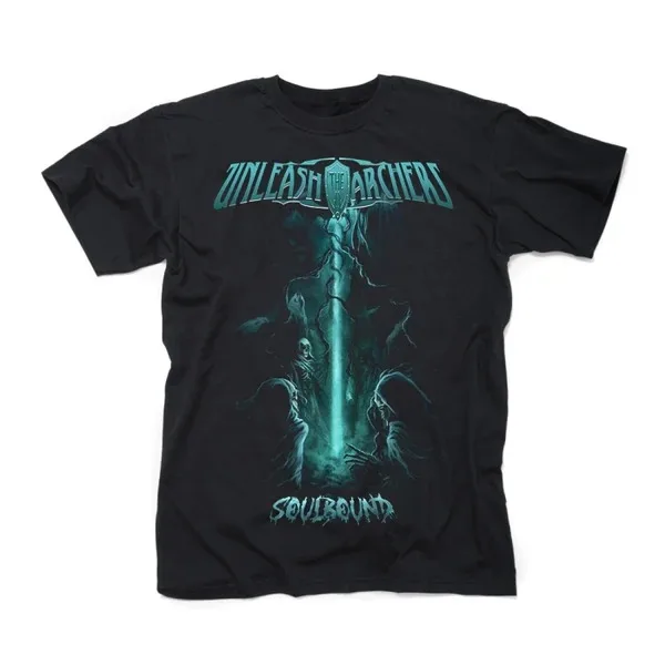 Unleash The Archers Soulbound Graphic T Shirt, Mystic Teal Dark Ghost Art Print with Glowing Light Effect