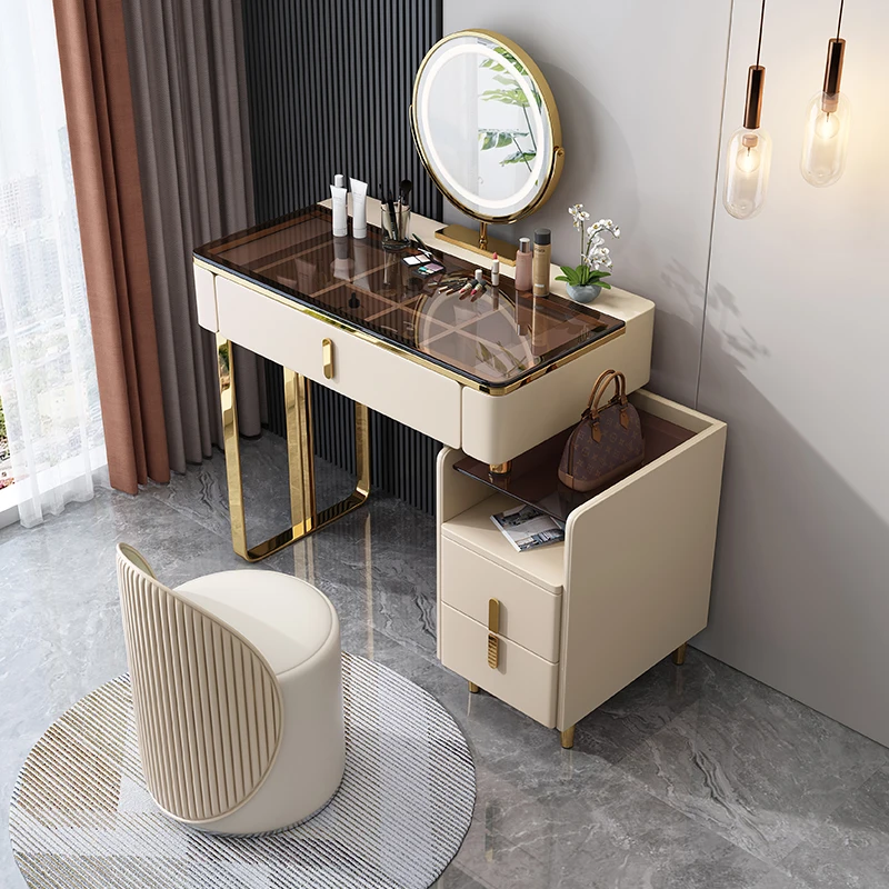 Nordic Storage Glass Dressing Table Wooden Drawer Mirrors Desk Dresser Cabinet Led Lights Coiffeuse De Chambre Room Furniture