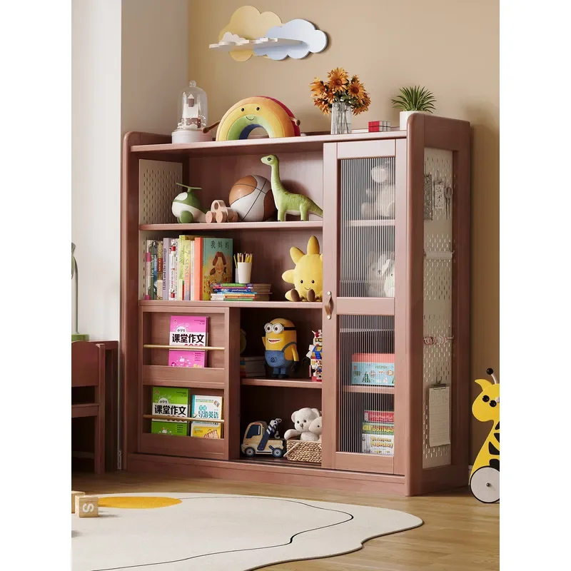 Solid Wood Sliding Bookshelf Multi Layer Floor Storage Rack for Living Room Study Kids Picture Books Display Furniture