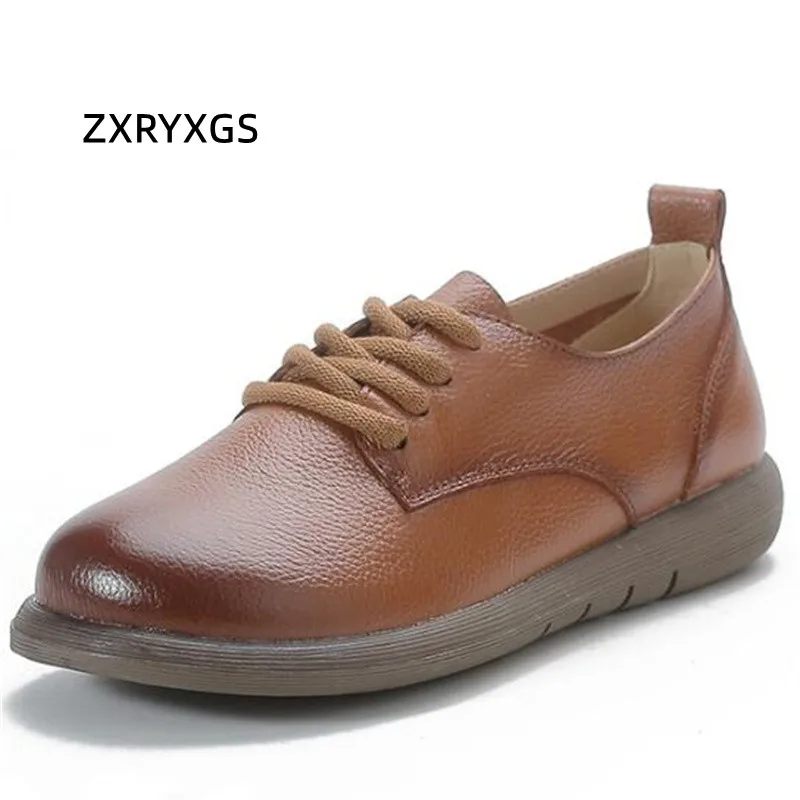 

ZXRYXGS English Style Round Toe Shoes Women Flat Shoes 2024 Spring Lace-up Genuine Leather Single Shoes Casual Sneakers Trend