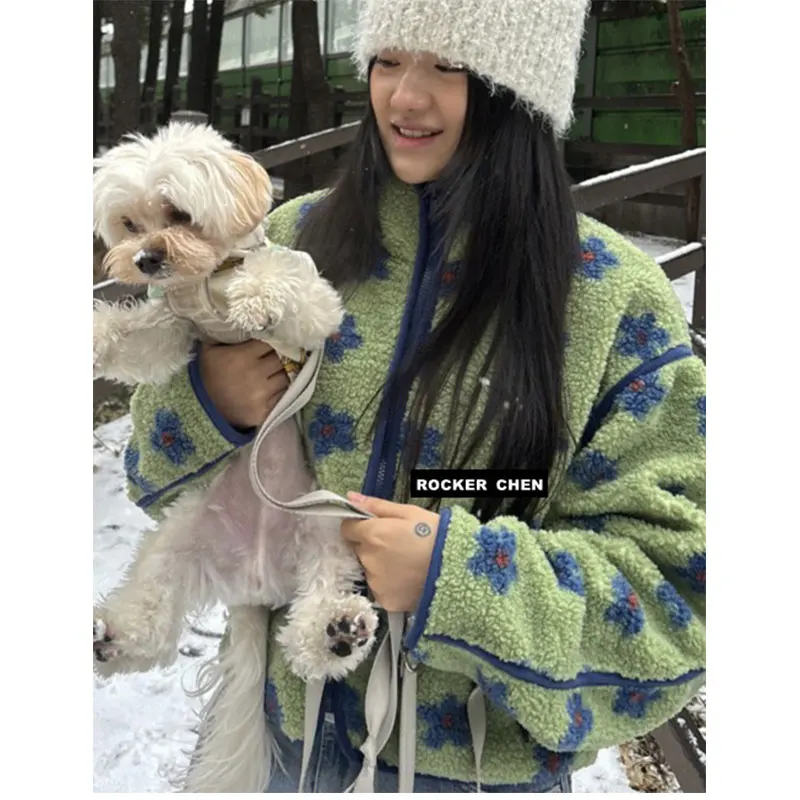 

Ретро-куртка из овечьей шерсти с цветочным принтом, женская зимняя теплая хлопковая куртка с воротником-стойкой, свободного кроя, на молнии, в милом стиле