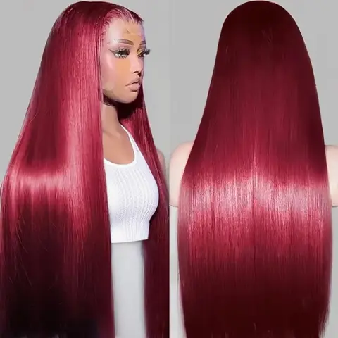 Peluca de cabello humano Frontal de encaje transparente Borgoña 7x5 sin pegamento rojo 99J pelucas de cabello humano Frontal de encaje 13x4 de color liso para mujeres