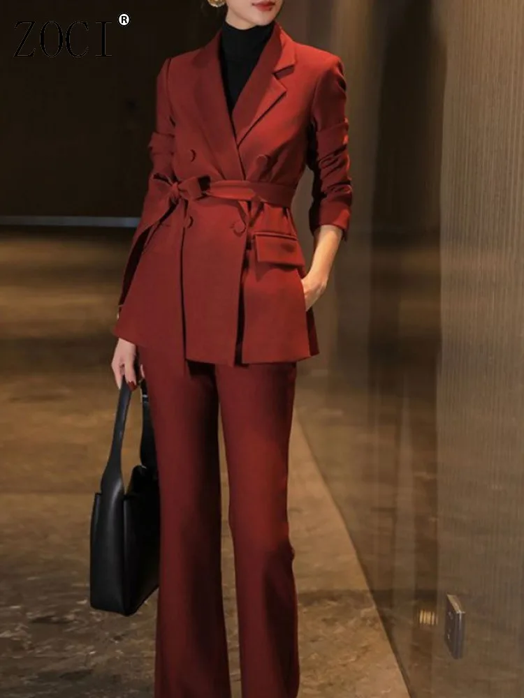 

ZOCI Women's Suit Sets Solid Color Blazers With Belt Double Breasted Female Straight Suit Pants Office Lady 2025 Spring New