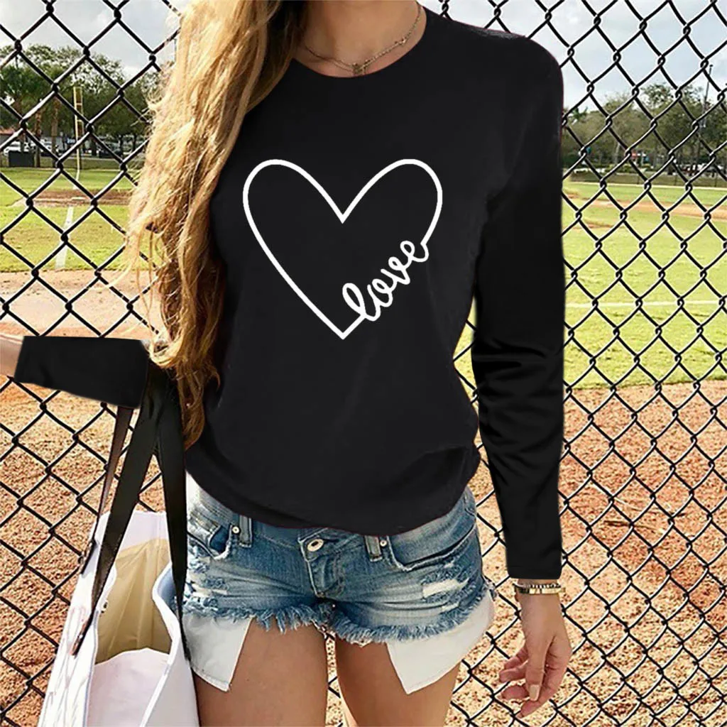 Casual Letter Heart Shaped Printing Women\'s T Shirt Blouses Round Neck Long Sleeve Loose Fashionable Ladies Tee Shirt Tops