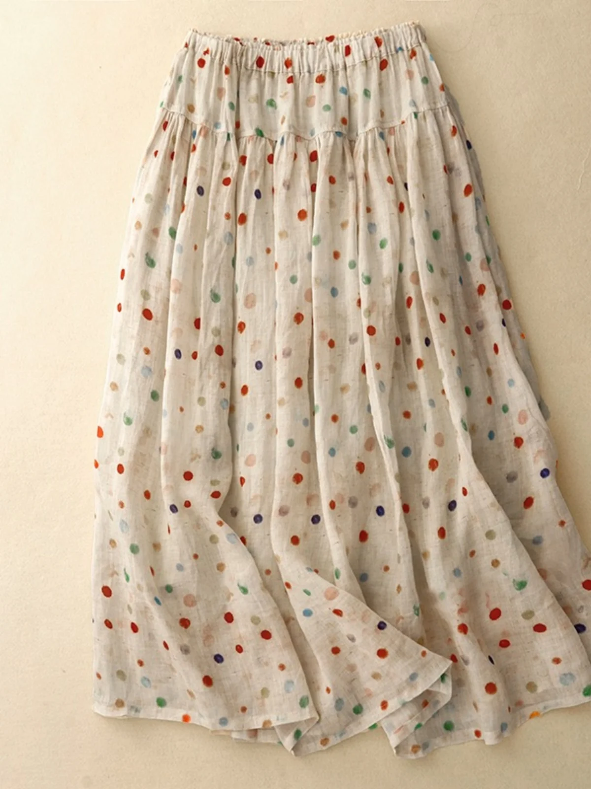 Japanese Style  Polka Dot Cotton Lin A-Line Skirt Women's Summer Elastic Waist Draped Large Swing Linen Skirt