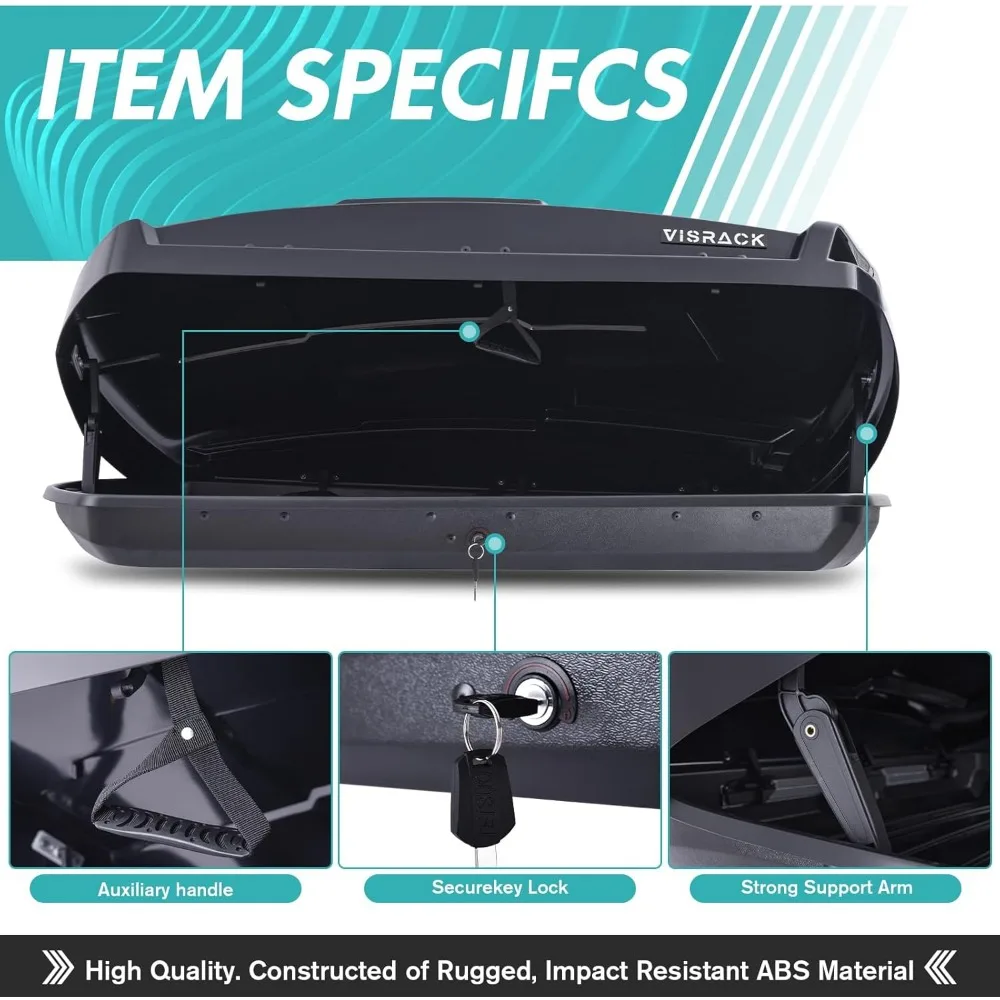 Hard Shell Roof Cargo Box, 16 Cu Ft Rooftop Cargo Carrier with Dual Side Opening, ABS PMMA Black Roof Box for Car SUV, 130 lbs C