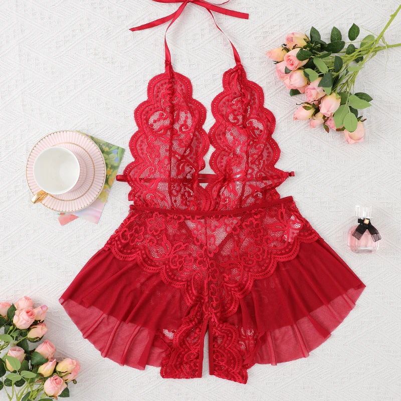 

Women's Red Sexy Transparent Lace Hollow Crotchless Bodysuit Slim Fit Erotic Mesh Lace Jumpsuit Summer Fashion Sleepwear 2023