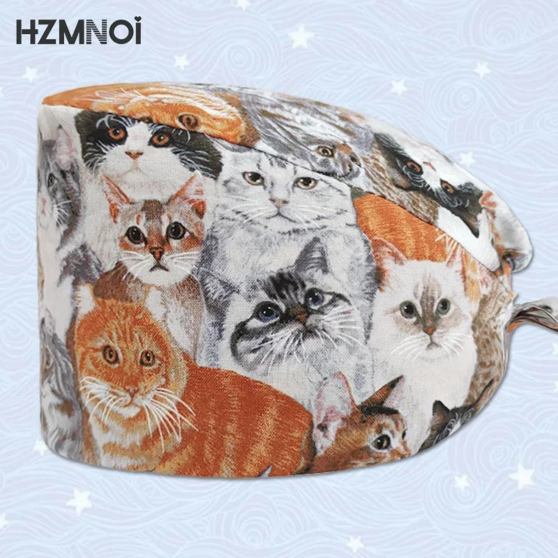 Gorro quirúrgico Unisex con estampado de gato, bonito gorro quirúrgico para cirujano, veterinario, mascota, salón de belleza, Hospital, clínica, enfermera