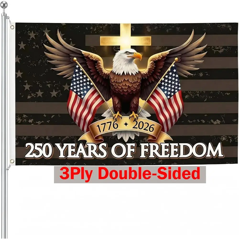 

Heavy Outdoor Patriotic Flag with Brass Grommets - 250 Years of Freedom, 3x5ft 3-Ply Double Sided