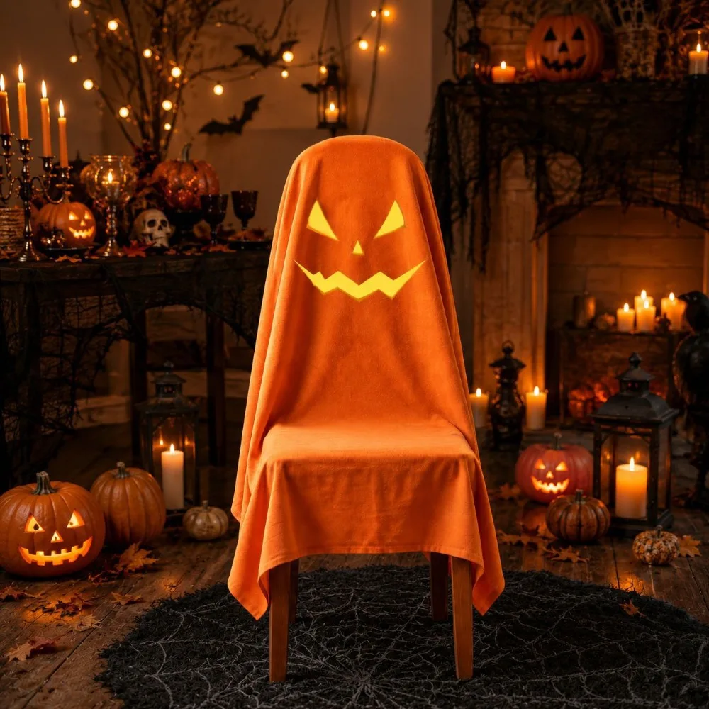 Pumpkin Halloween Chair Cover Skull Pattern Stretch Halloween Dinner Chair Seat Cover Pink Removable Festival Table Decor