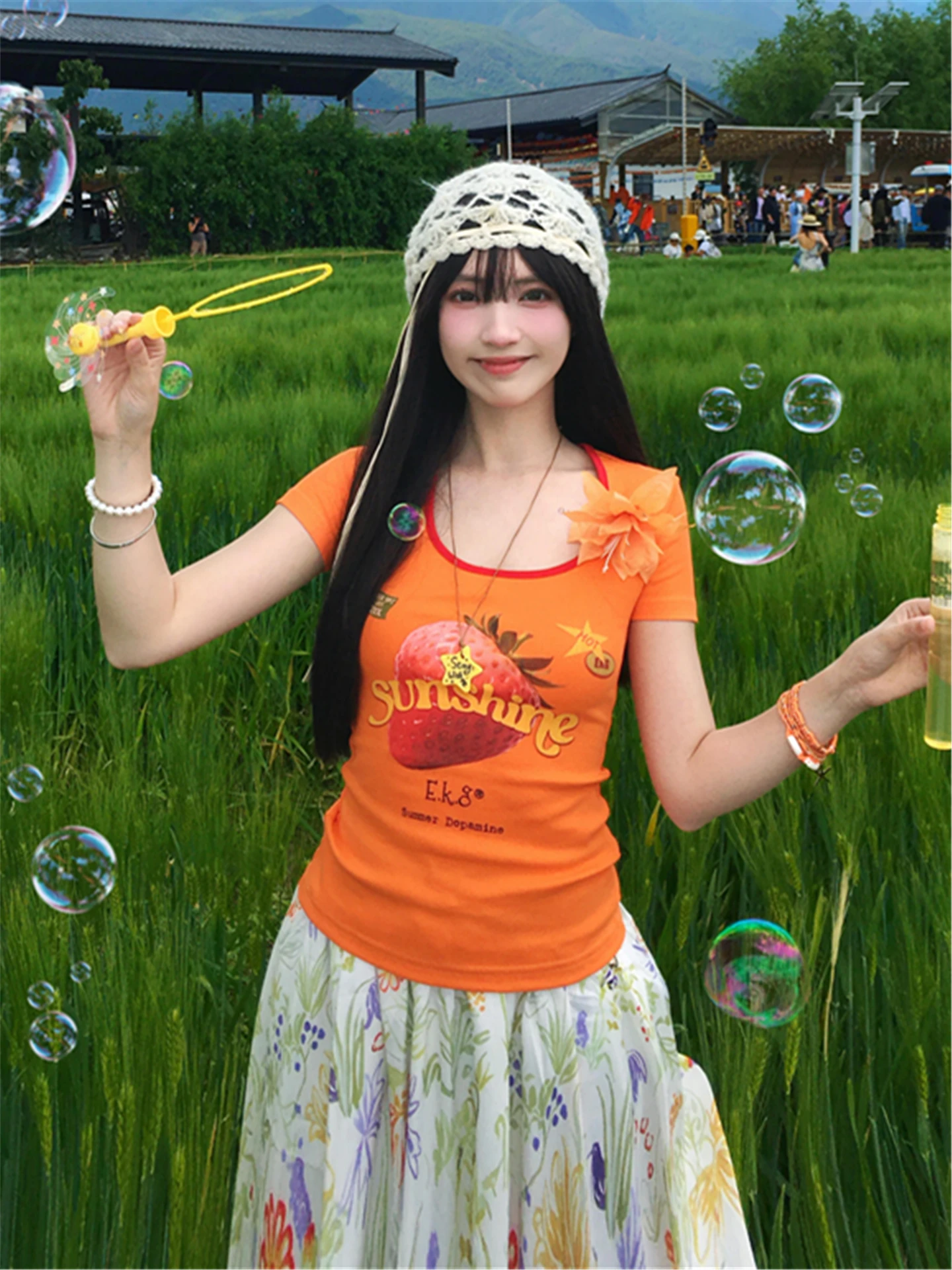 Dopamine Orange Fun Fruit Print Short Sleeve Slim Fit Summer T-Shirt Women Sexy Short Style Top Comfortable Breathable Casual
