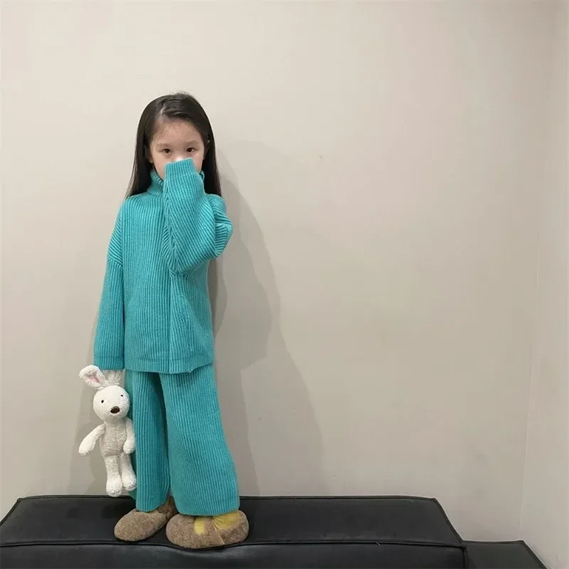 

Children's Clothing Set Loose Leisure Knitted Suit Winter Spring Girl's Two Piece Suit Turtle Neck Sweater+Pant