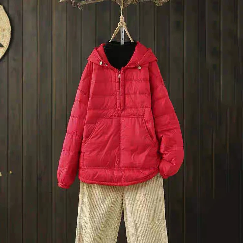 Winter Solid Half Zip Hooded Down Jacket Female Lightweight Pocket Parka Outwears Women White Duck Down Warm Jackets Overcoat