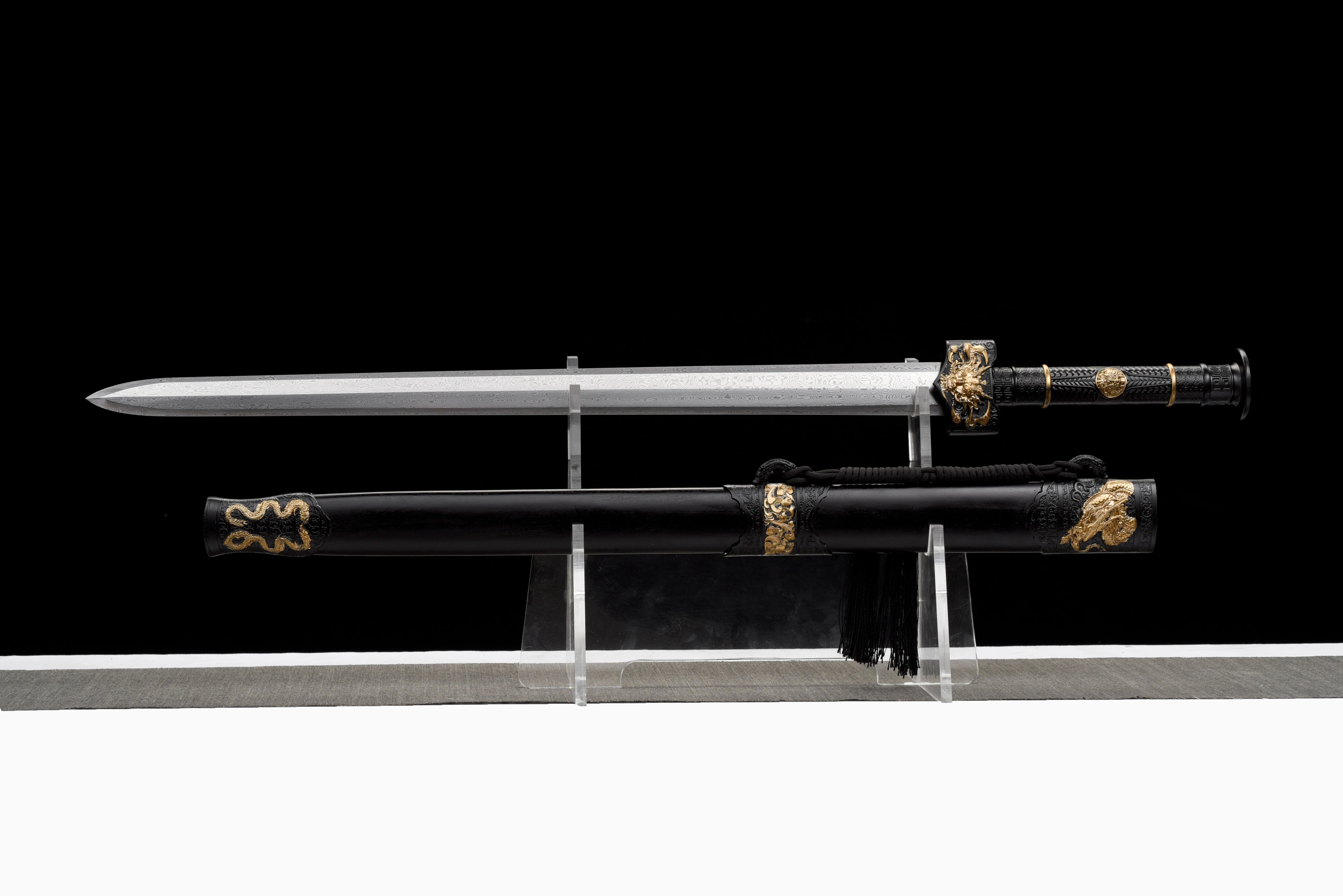 Chinese black gold dragon sword Damascus steel sharp blade katana combat-ready. Gift for martial arts enthusiasts. full tang