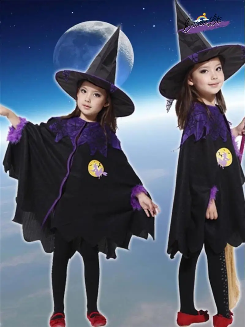 Fsia de Bruxa Infantil para loween, Conjunto de Capa e Vestido para Apresentação, Traje Tradicional para Meninas