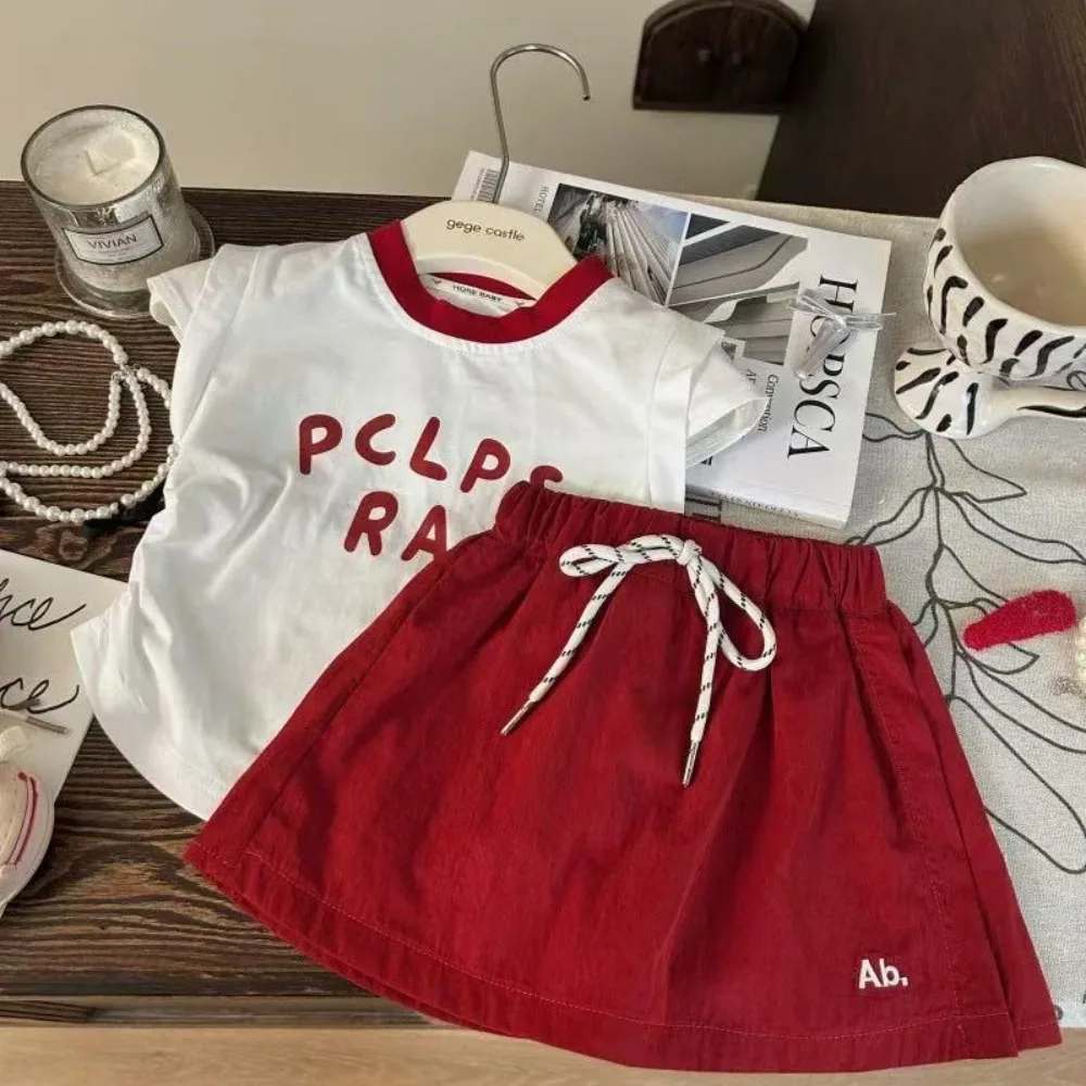 

Summer New Korean Version Fashion Letter Round Neck Sleeveless Vest T-shirt Top+red Short Skirt Two-piece Set