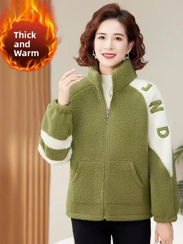 

Autumn Winter Thickened Lamb Velvet Zipper Jacket Loose Warm Women's Clothing plus Size Casual High Waist Polyester Fiber