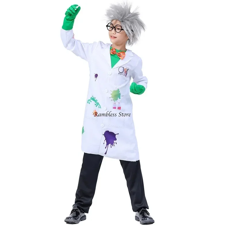 Costumes de cosplay pour enfants garçons, scientifiques fous, vêtements de jeu de rôle de médecin scientifique pour enfants, perruque, pantalon, lunettes, gants
