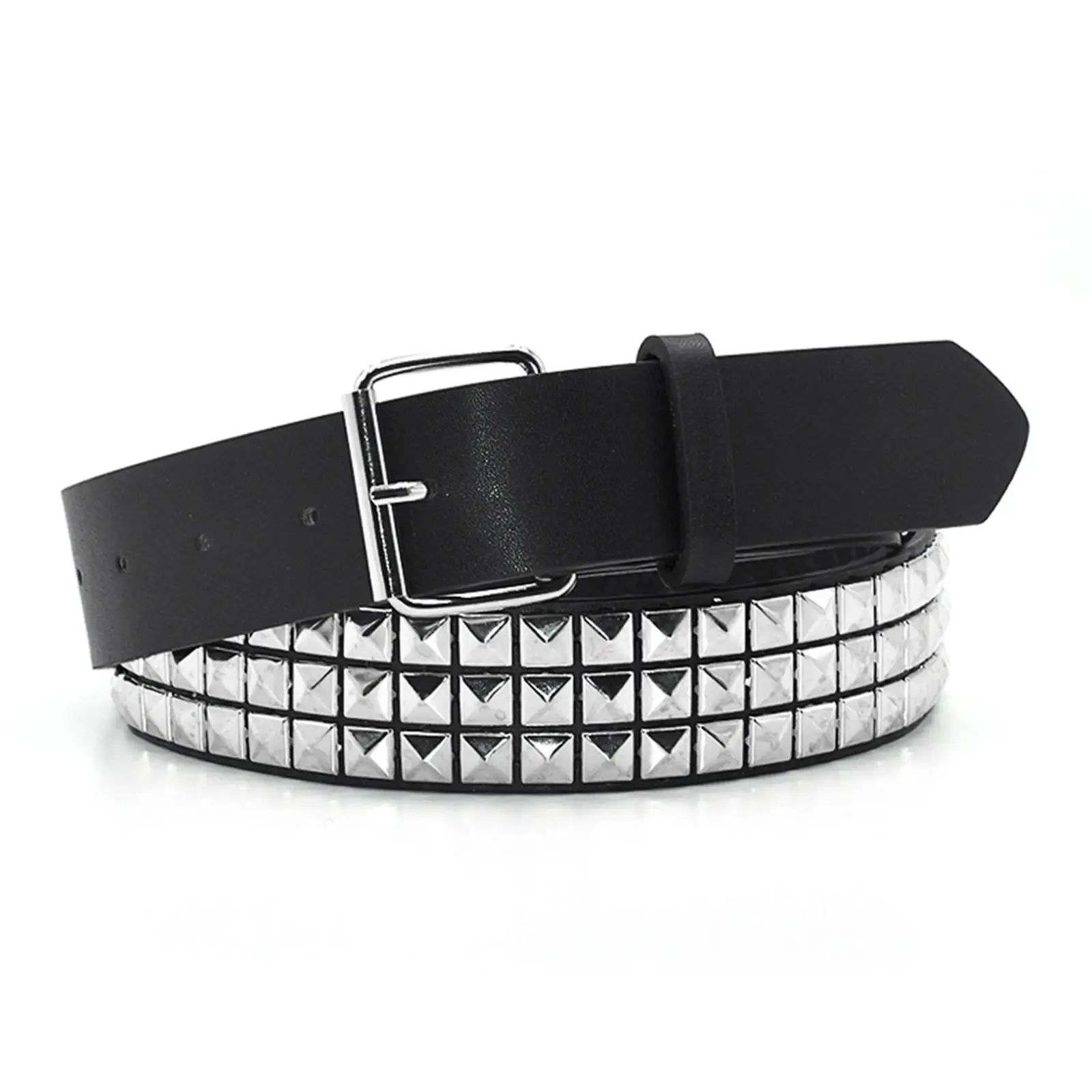 Studded Leather Belt with Pin Buckle Square Bead Rivet Belt Women Belts Silver