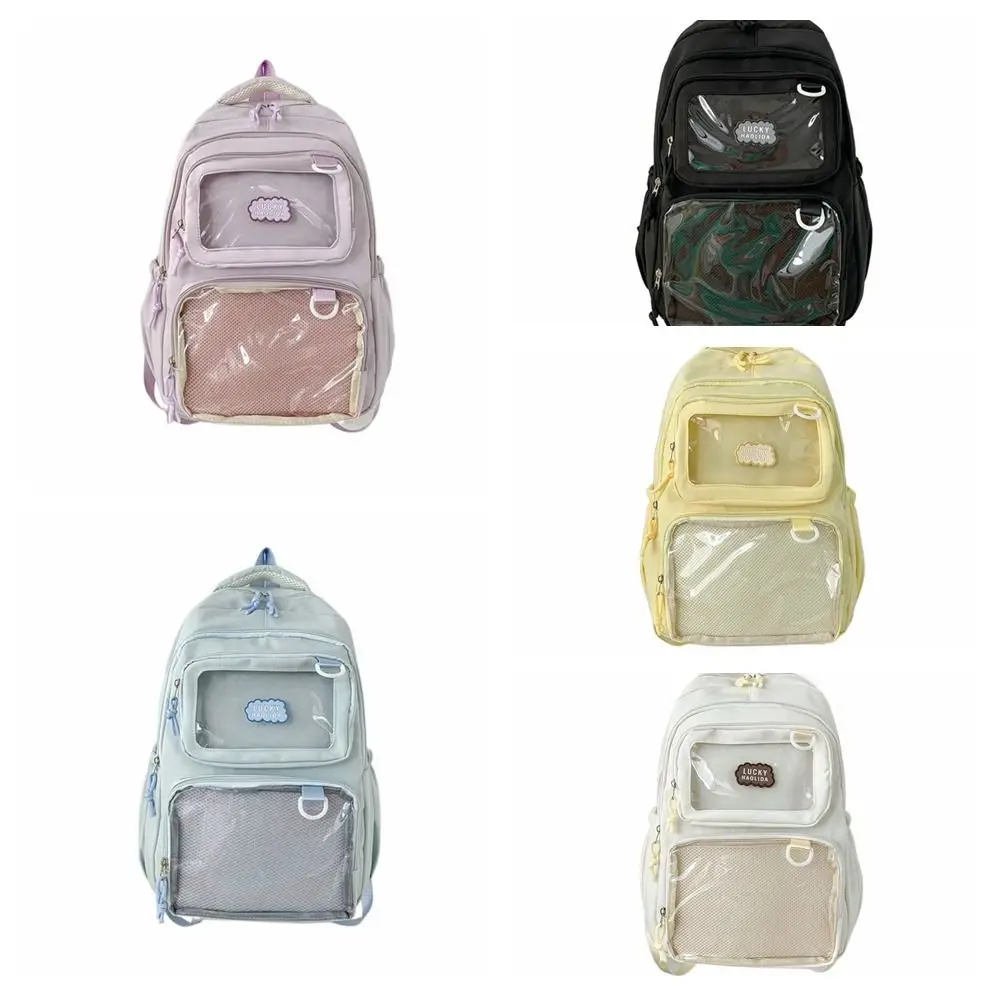 Solid Color Nylon Ita Backpack Durable Transparent Students School Bag Fixed Webbing Scratch Prevention Large Capacity Daypack