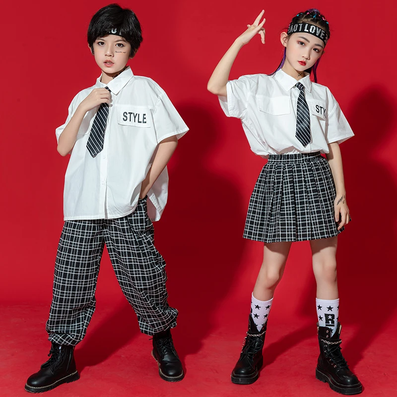 Kids Hip Hop Clothing JK Uniforms Tshirt Checkered Pants Skirt Tie Streetwear For Girls Boys Jazz Dance Costumes Stage Clothes