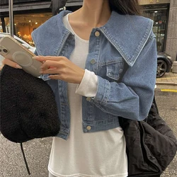 Women High Waist Denim Jacket Casual Turndown Collar Long Sleeved Short Jacket Fall Vintage Button Up Coat Streetwear Outerwear