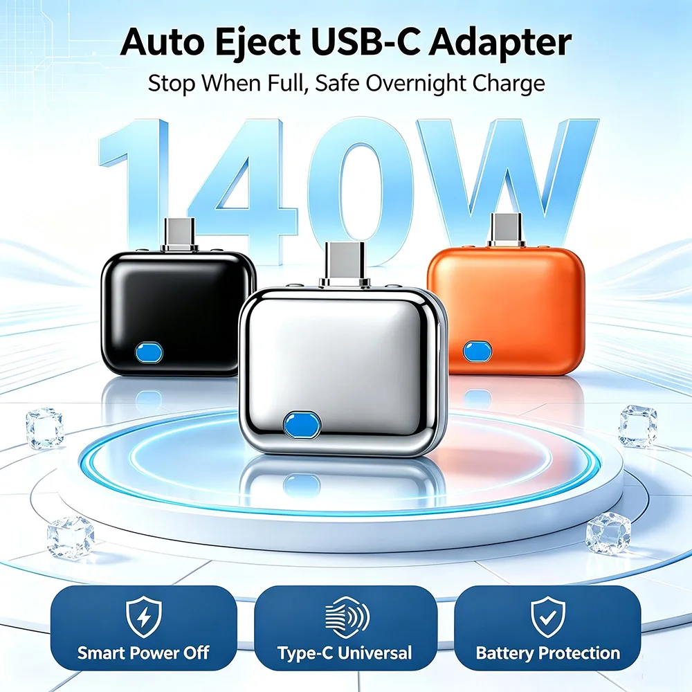 Auto Eject USB‑C Adapter Smart Auto Stop Charging Adapter 140W PD Overcharge Protection Full Charge Auto Disconnect Separator