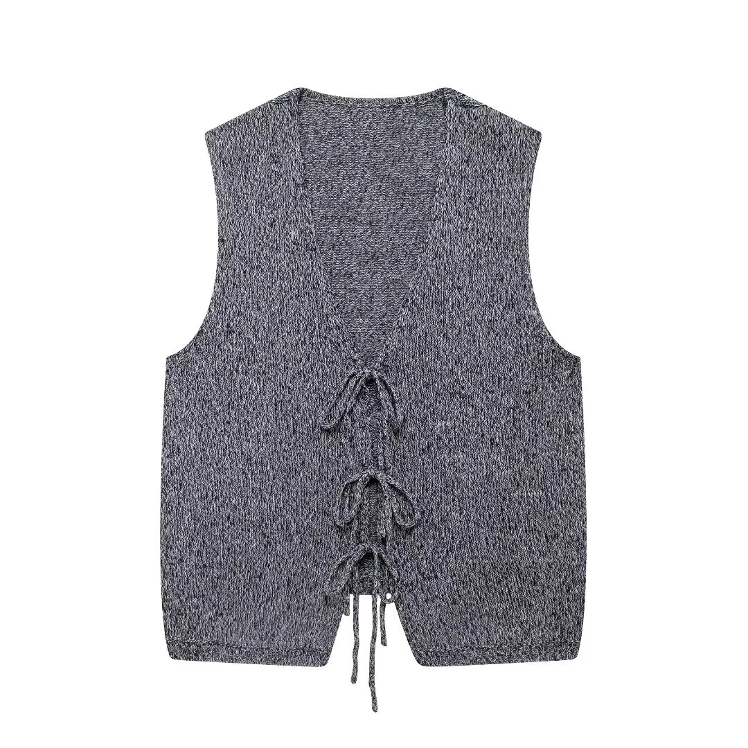 Tangada 2024 Fashion Women Gray Bow Knitted Sweater Jumper Sleeveless Cropped Cardigan BE0241