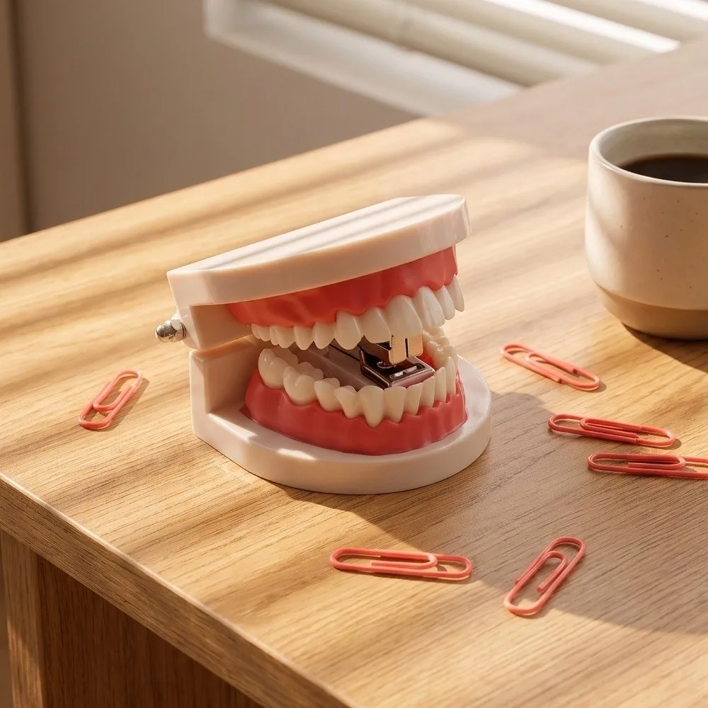 Agrafeuse créative en forme de denture, mini accessoire de farce amusant pour Halloween, objet de décoration de bureau original et portable pour les activités de fête.