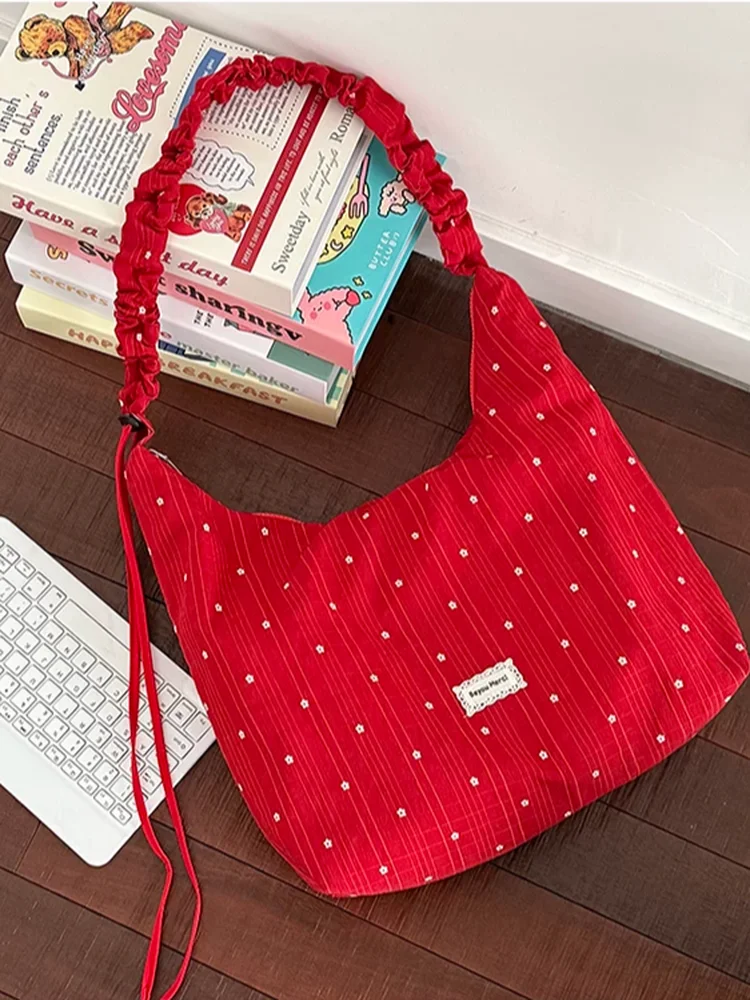 Red Polka Dot Canvas Tote Bag Casual Summer Shoulder Crossbody Bag for Commuting And Schooling Women's Versatile Handbag