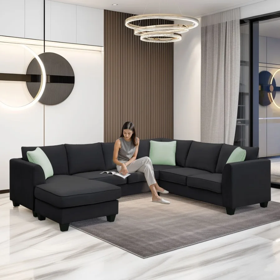 

[VIDEO provided] 11287 Sectional Sofa Couches Living Room Sets 7 Seats Modular Sectional Sofa with man L Shape Fabric Sofa Corn