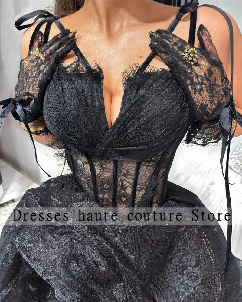 Customized Black Lace Ladies Wear Prom Dresses 2025 With Gloves Birthday Party Dress Evening Gowns Lace up Back Robe Des