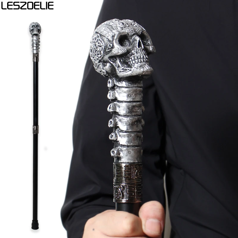 高級樹脂製スカルヘッドハンドル付きウォーキングスティック、ヴィンテージファッション装飾杖、男女兼用メタルウォーキングスティック