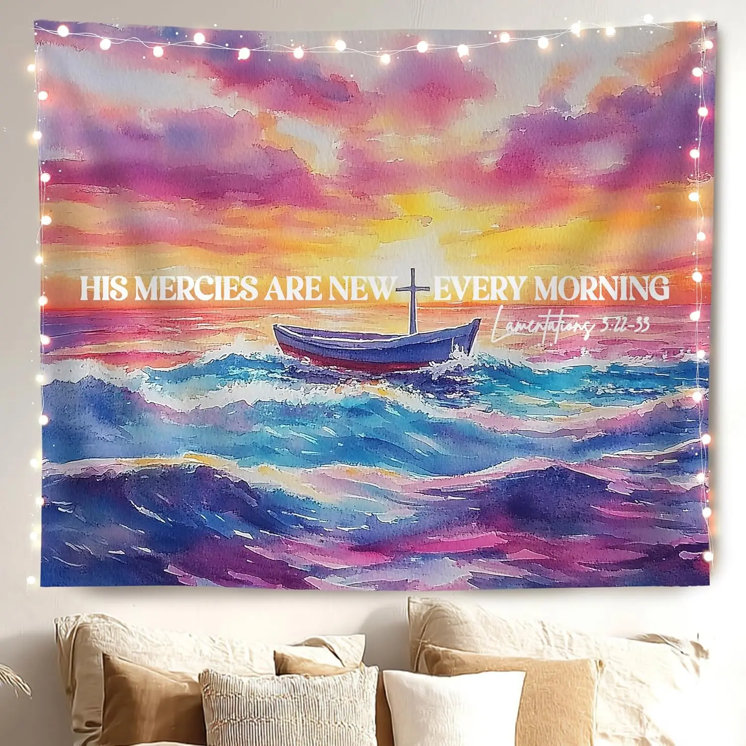 Colorful Ocean Christian Tapestry Wall Hanging, Coastal Room Decor, His Mercies Are New Every Morning Bible Verse Wall Tapestry