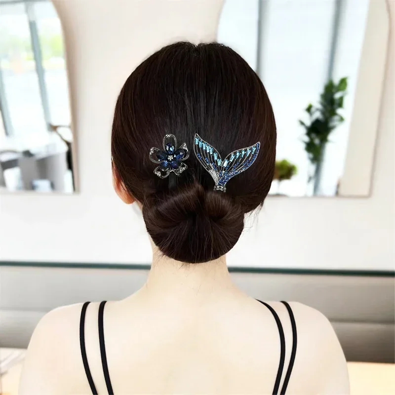 Fashion Feather Fish Tail Updo Hair Accessories for Women Luxury Zircon Feather Hairpin Lazy Man Tie Up Twist Clip Mom Headwear