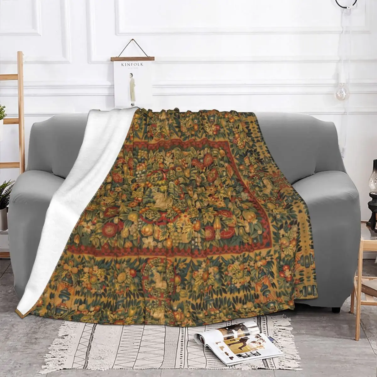 Medieval Unicorn Floral Fleece Throw Blanket the Lady and the Unicorn Pattern Blankets for Bed Office Lightweight Bed Rug