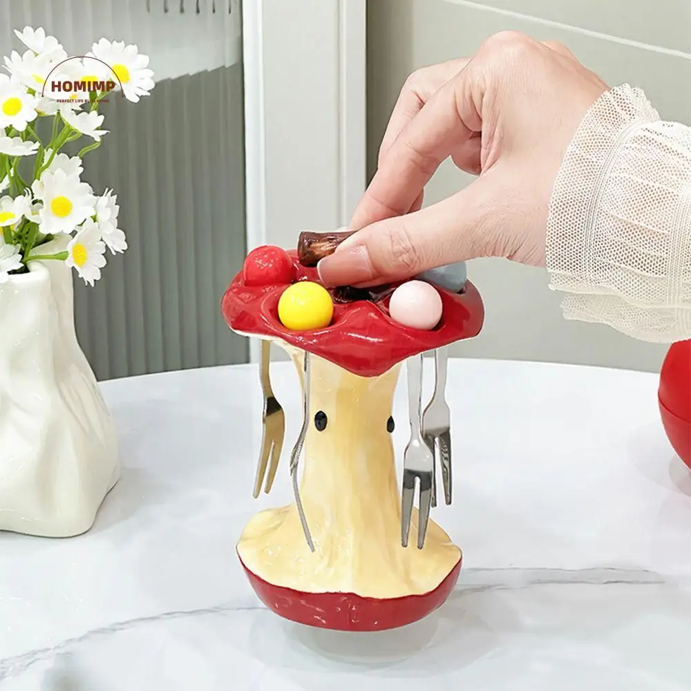 

Creative Colorful Fruit Fork Set Comfortable Grip Portable Dessert Fork with Holder Reusable Ceramic Holder