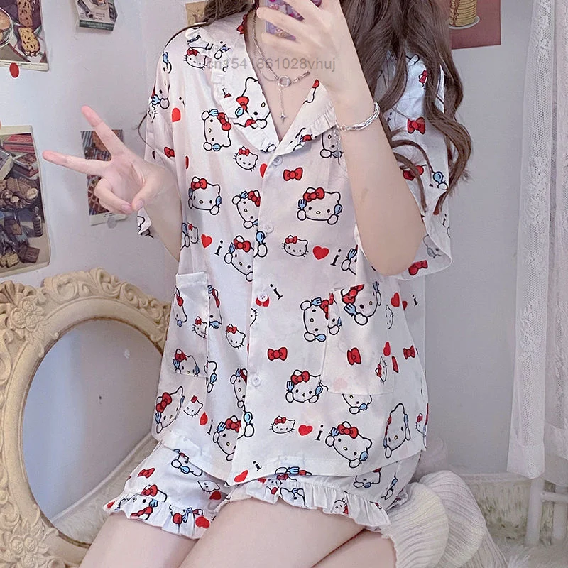 Sanrio Kuromi Hello Kitty Pajamas Women Nightgown Loose Cute Soft Girl Summer New Short Sleeved Sleepwear Home Clothe Sets Y2k