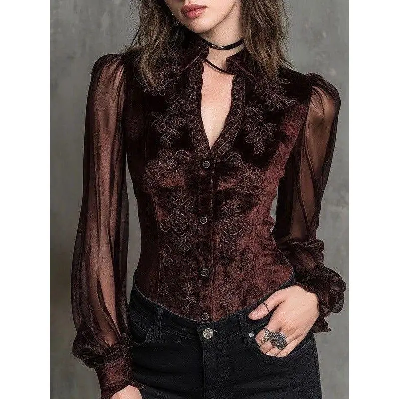 Erweiterte Design Braun Hemd für Herbst Europäischen Retro Elegante Frauen Blume Jacquard Slim Fit Sexy Büro Dame Bluse Streetwear
