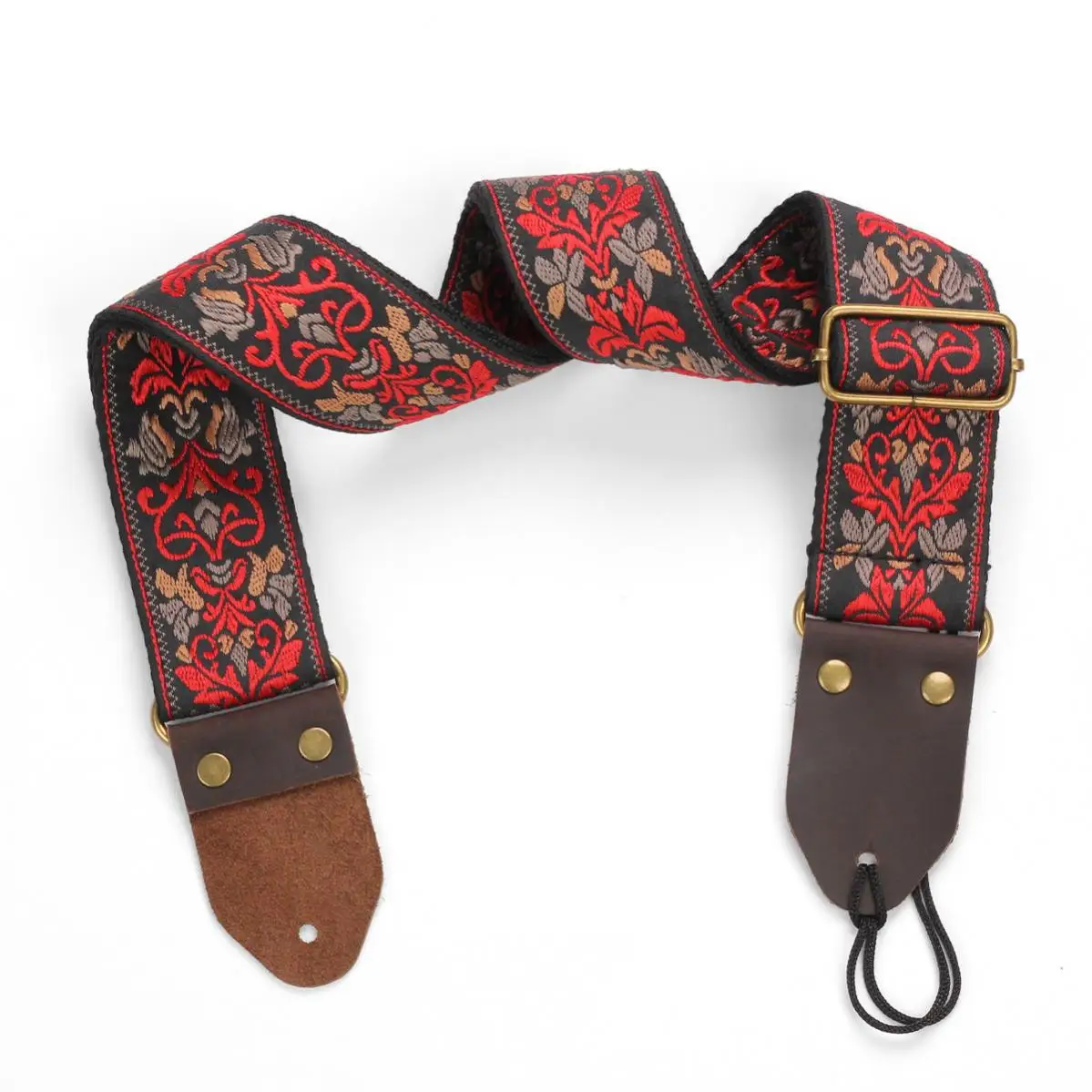 Vintage Flower Guitar Strap Genuine Leather Bohemia Style Woven Embroidery Fabric Electric Acoustic Guitar Bass Strap Belt