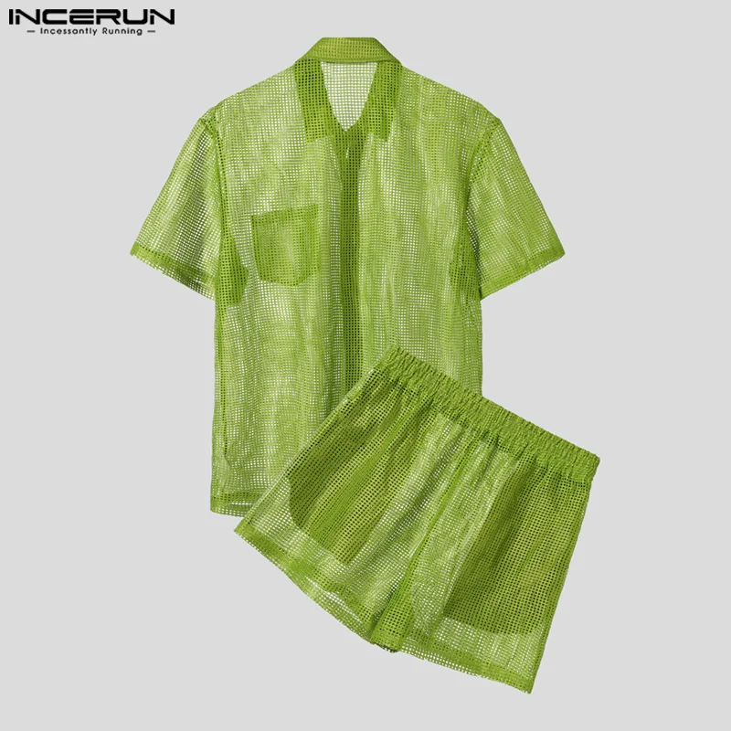 INCERUN 남성용 메쉬 속이 비치는 라펠 반팔 셔츠 & 반바지 투피스 세트 스트릿웨어 섹시 남성 캐주얼 슈트