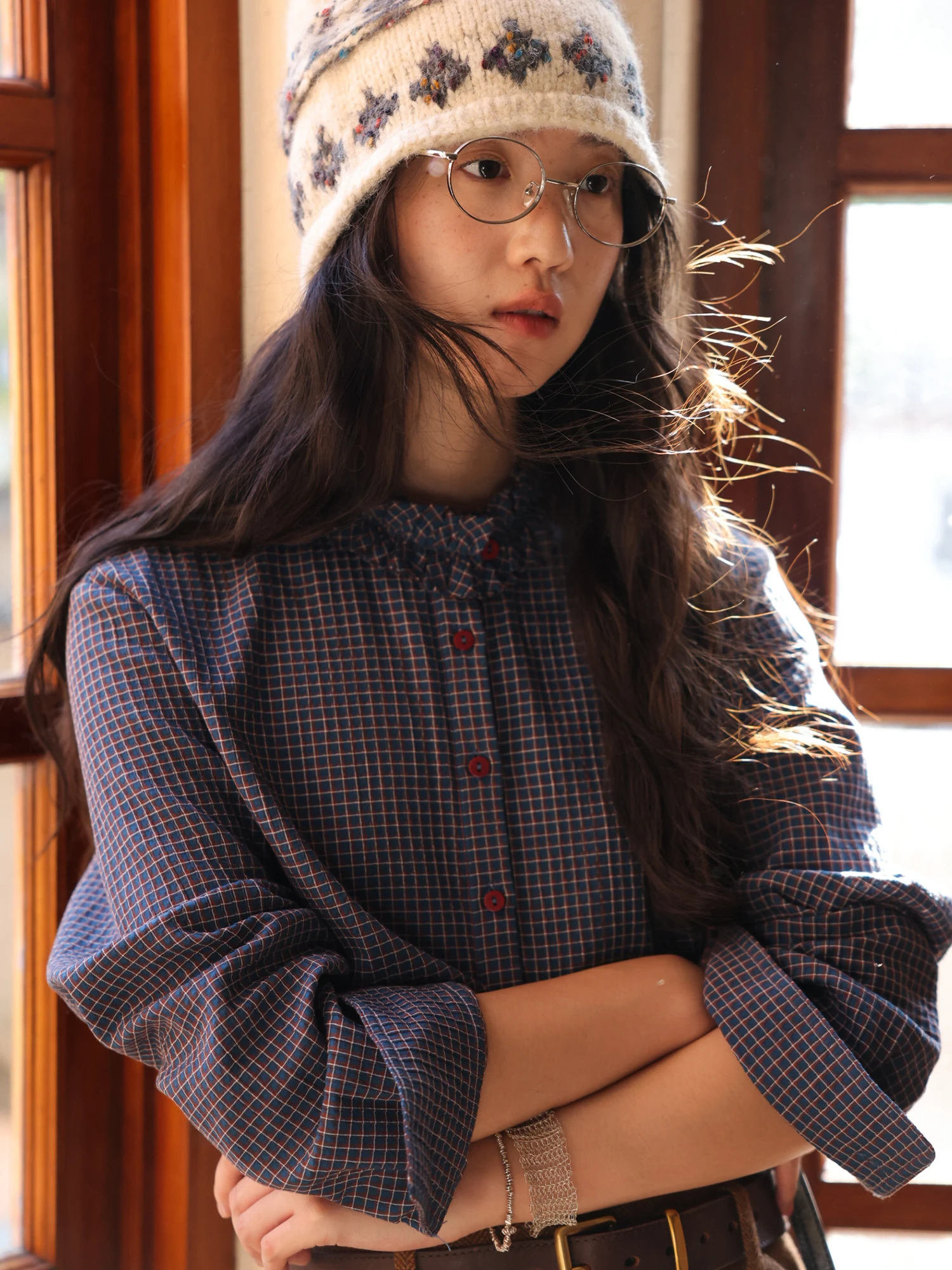 

Original Vintage Blue Plaid Cake Collar irt Women's Autumn Winter Cotton Long Sve Moisture ng Color Fastening Durable