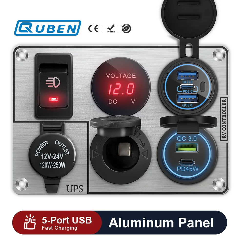 Car Charger Multi-Functions Aluminum Panel UPS Cigarette Lighter Socket Dual Port USB QC3.0 12V 24V for RV Yacht Silver (1KB5K)