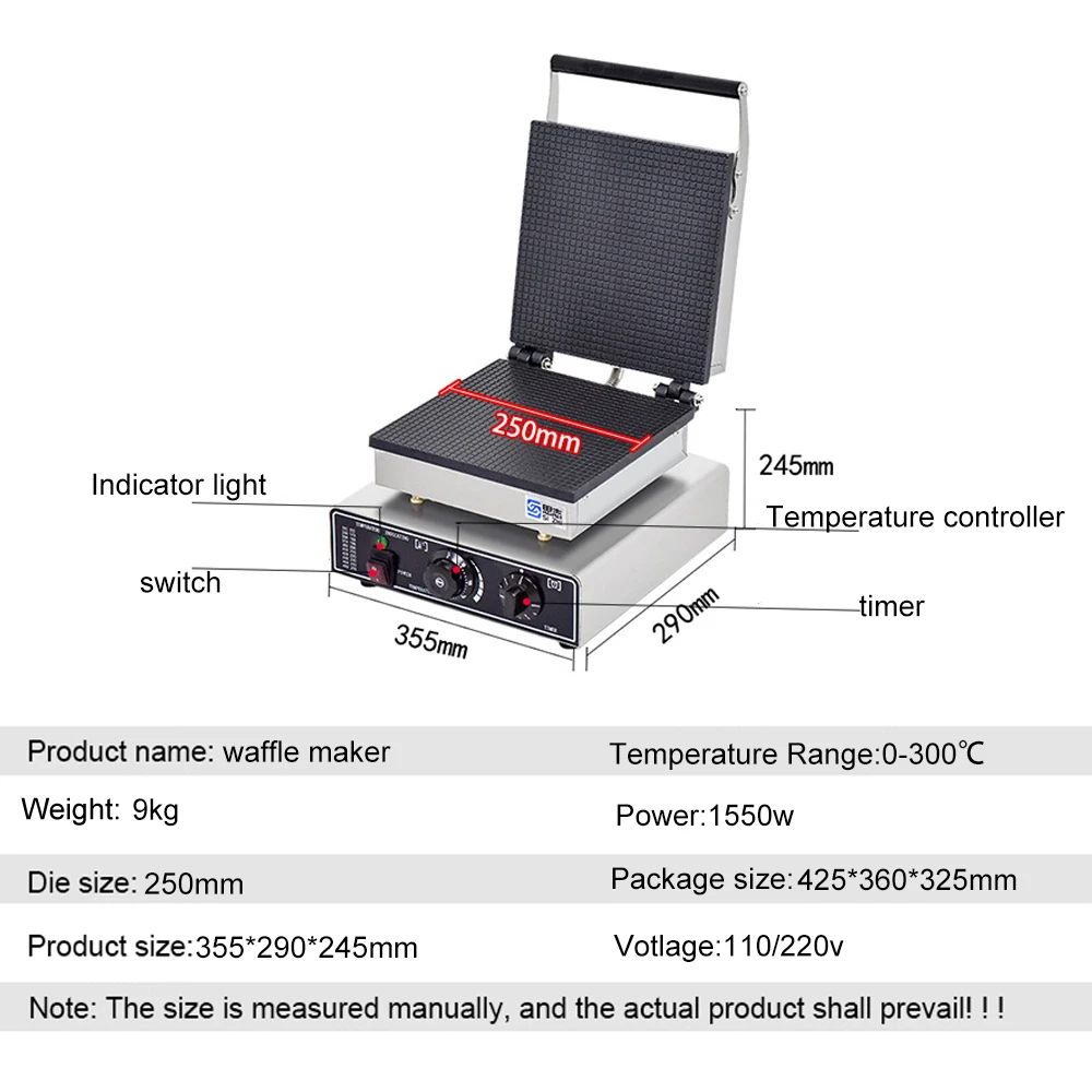 Commercial Electric Crispy Egg Roll Maker Stainless Steel Ice Cream Machine Plate waffle machine Square Shape ice cream waffle