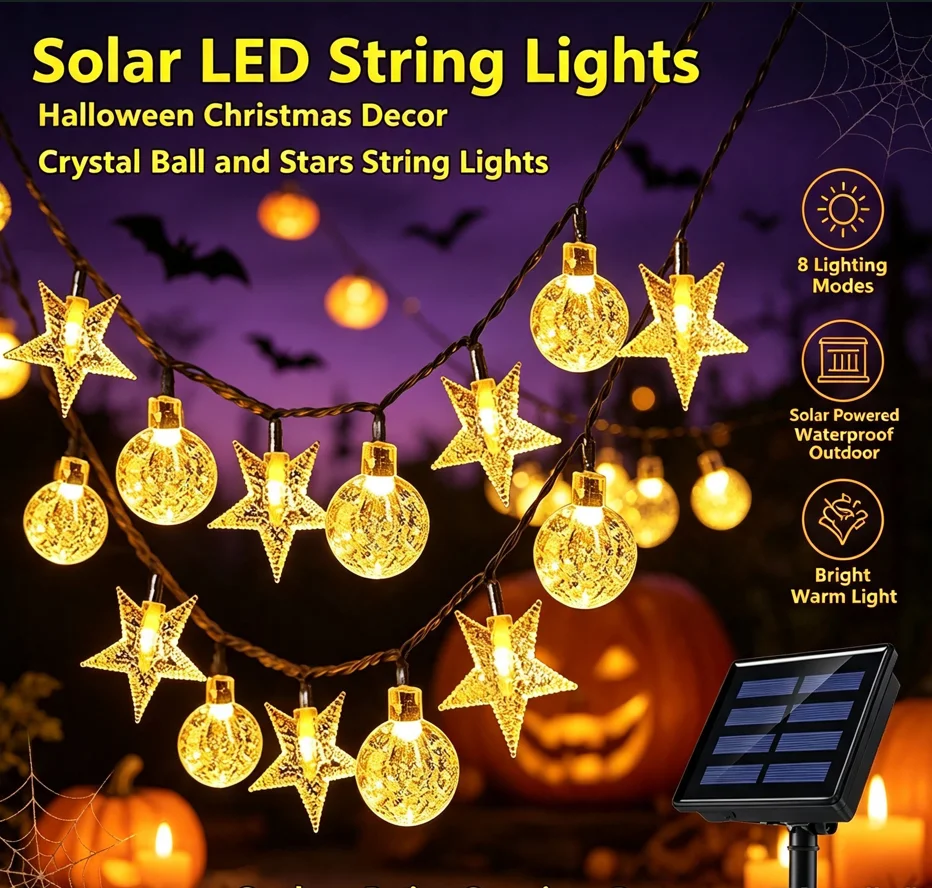 Solar Powered Star Ball String Lights LED Fairy Garland Waterproof Outdoor Garden Yard Patio Christmas Holiday Decoration Lamp