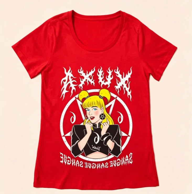 2026 Black Scoop‑Neck T‑shirt Women Metal‑Style Cartoon Blonde Girl Graphic Gothic Aesthetic Cotton Short Sleeve Tee