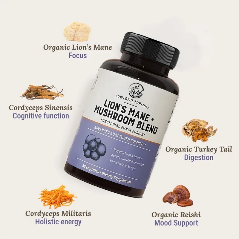 Containing Lion Mane, Cordyceps, Lingzhi, and Turkey Tail Mushroom for Cognitive Memory Supplementation 60 Capsules