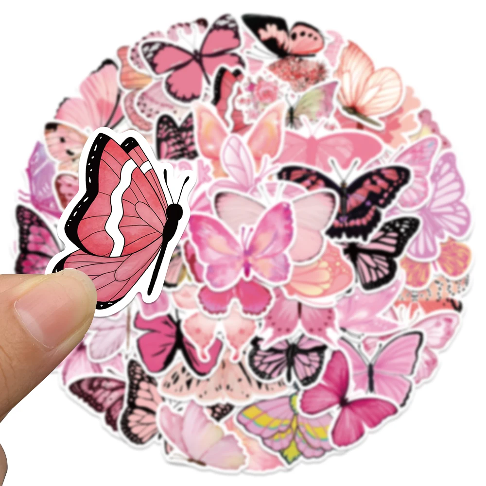 50 Stuks Roze Vlinder Stickers Stickers Voor Telefoon Laptop Skateboard Koffer Gitaar Esthetische Waterdichte Stickers Kinderen Geschenken