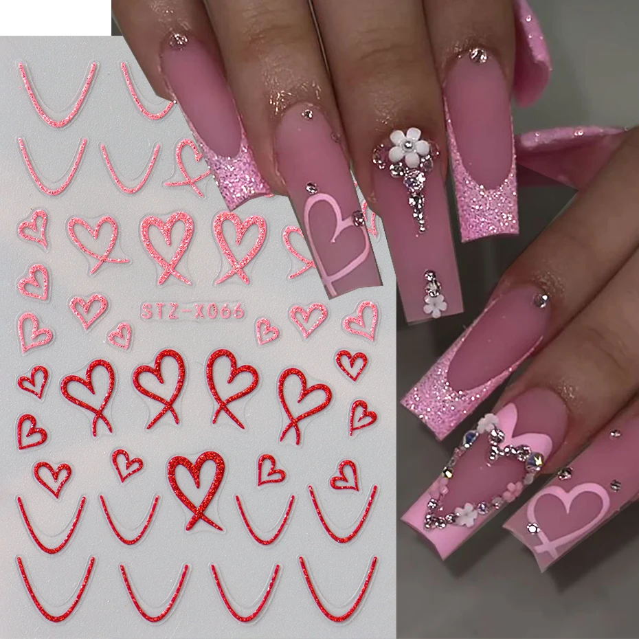 3D Glitter Pink Heart Nail Sticker Y2K Red Shinney Love Heart Stars Swan Lace Flower Leaf Valentine Decal DIY Manicure Decor